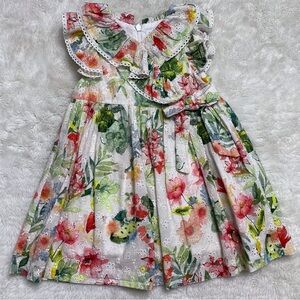 Pili Carrera Girl's White Green Ruffle Perforated Floral Cotton Dress Size 2